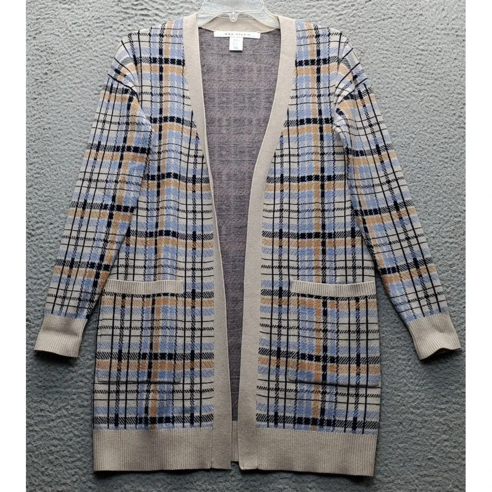 Max Studio Cardigan Sweater Womens XS Multi Plaid Knit Long Sleeve Open Front